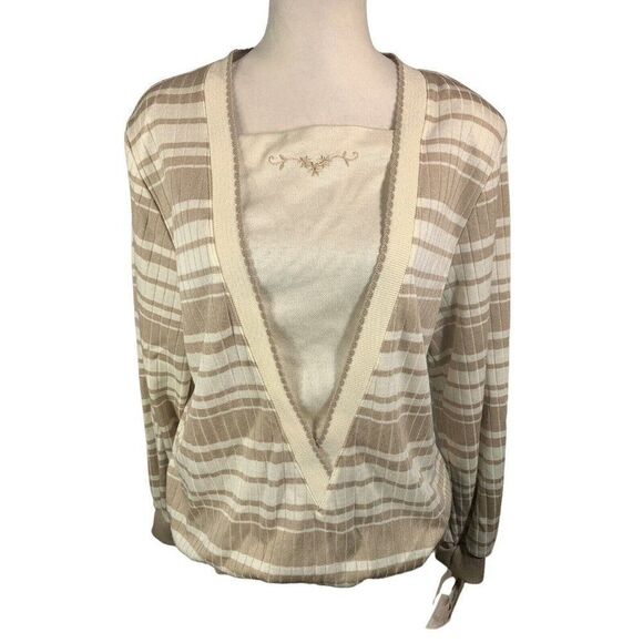 Cricket Lane Sweaters - New Vtg Cricket Lane Top Blouse M Ivory/Tan Stripe Swiss Chalet Cottage 80s Sear